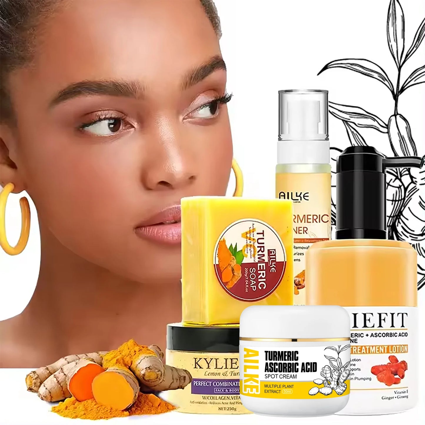 Organic Turmeric Skin Care Set, Reduce Acne, Brighten, Cleaning Skin, Exfoliation, UnEven Skin Tone, Improve Rough Skin