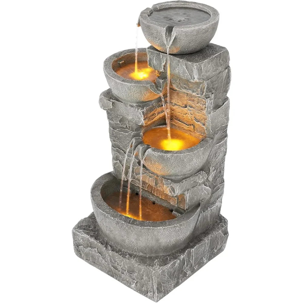 Cascading Bowls and Stacked Stones LED Outdoor Water Fountain