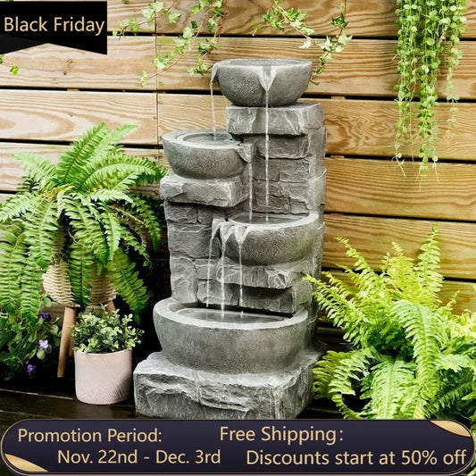 Cascading Bowls and Stacked Stones LED Outdoor Water Fountain