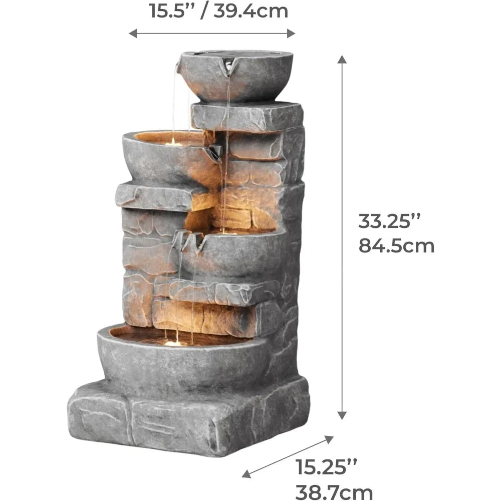 Cascading Bowls and Stacked Stones LED Outdoor Water Fountain