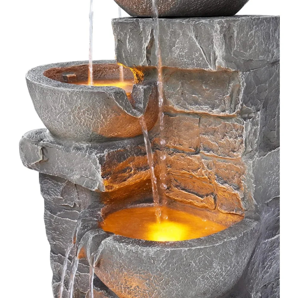 Cascading Bowls and Stacked Stones LED Outdoor Water Fountain