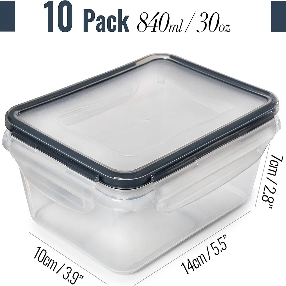 10 Pieces BPA-Free Reusable Square Kitchen Storage Containers Set - 840ml Microwave & Freezer Safe, Dishwasher Friendly Lunch Bo