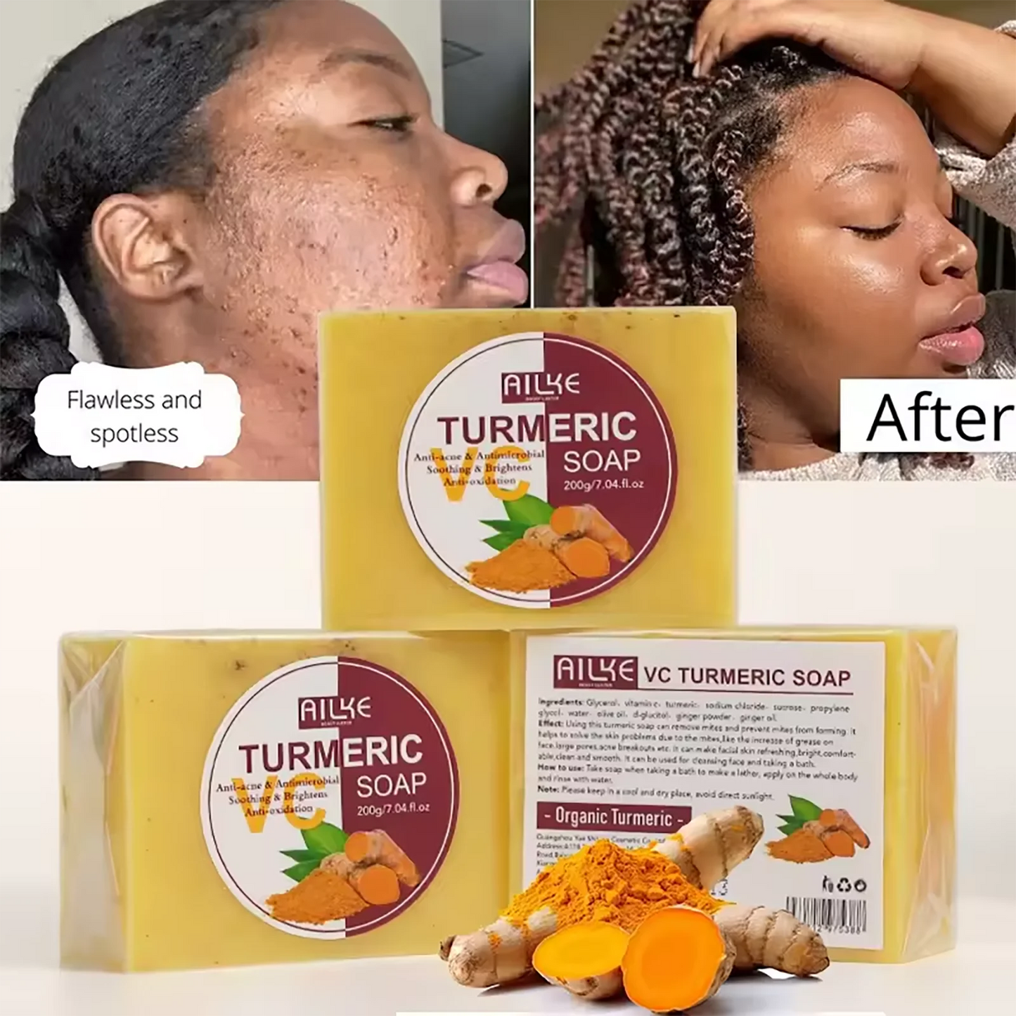 Organic Turmeric Skin Care Set, Reduce Acne, Brighten, Cleaning Skin, Exfoliation, UnEven Skin Tone, Improve Rough Skin