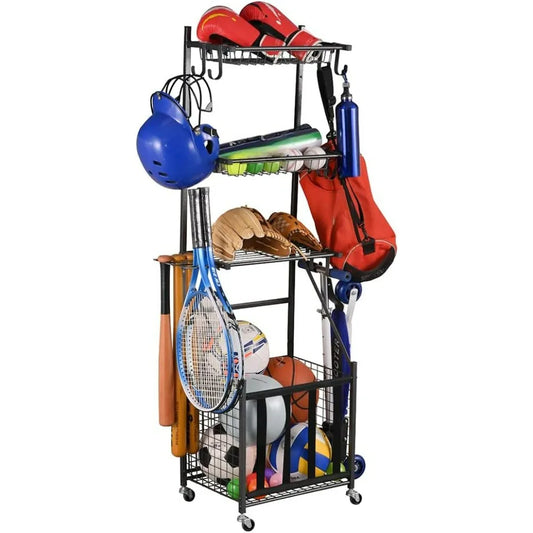 Sport Equipment Storage Organizer Rolling Cart with Basket and Lockable Sports Ball Cage