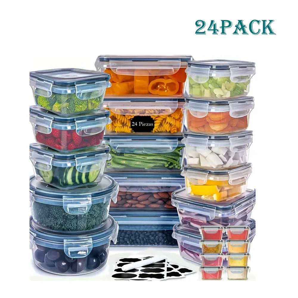 24pcs Kitchen Storage Container Set - Dishwasher Safe, Reusable Plastic Bins with Flip Lids for Fruits, Vegetables & Meats - Inc