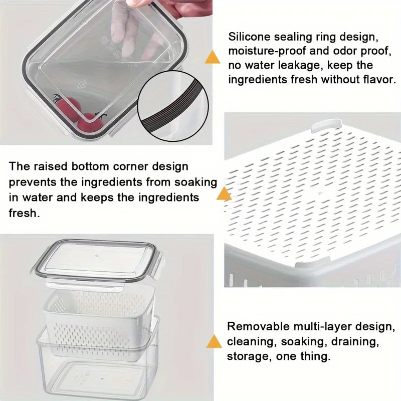 3-Pack BPA-Free Plastic Food Storage Containers with Lids and Strainers, Stackable Fridge Organizer for Fresh Produce, Vegetable