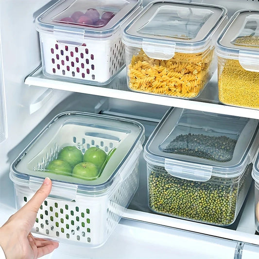 3-Pack BPA-Free Plastic Food Storage Containers with Lids and Strainers, Stackable Fridge Organizer for Fresh Produce, Vegetable