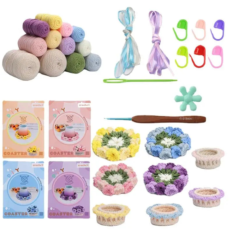 Crochet Flower Coasters Kit Flower Pot Shape Coasters Crochet Starter Kit Complete Knitting Crochet Supplies With Step-by-Step