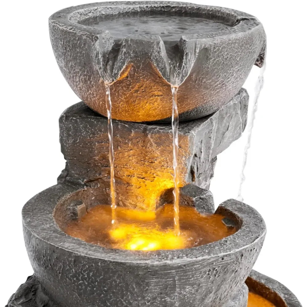 Cascading Bowls and Stacked Stones LED Outdoor Water Fountain