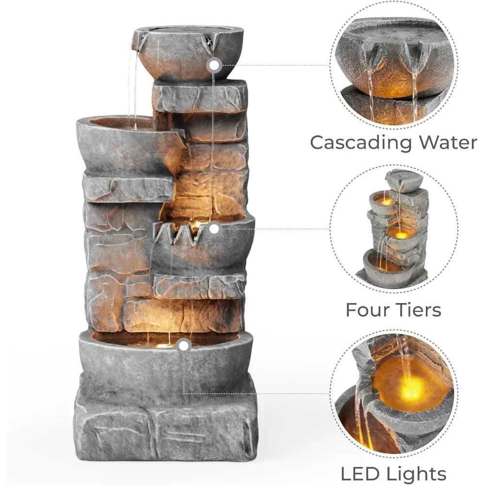 Cascading Bowls and Stacked Stones LED Outdoor Water Fountain