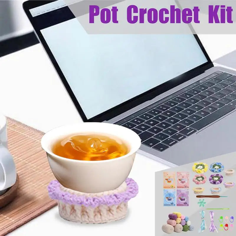 Crochet Flower Coasters Kit Flower Pot Shape Coasters Crochet Starter Kit Complete Knitting Crochet Supplies With Step-by-Step