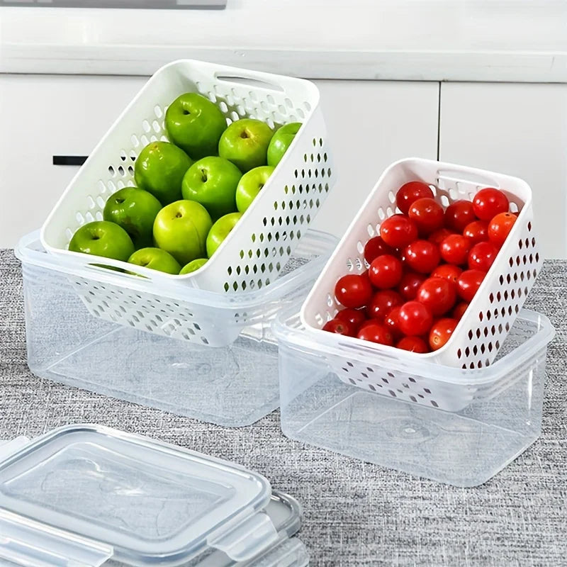 3-Pack BPA-Free Plastic Food Storage Containers with Lids and Strainers, Stackable Fridge Organizer for Fresh Produce, Vegetable