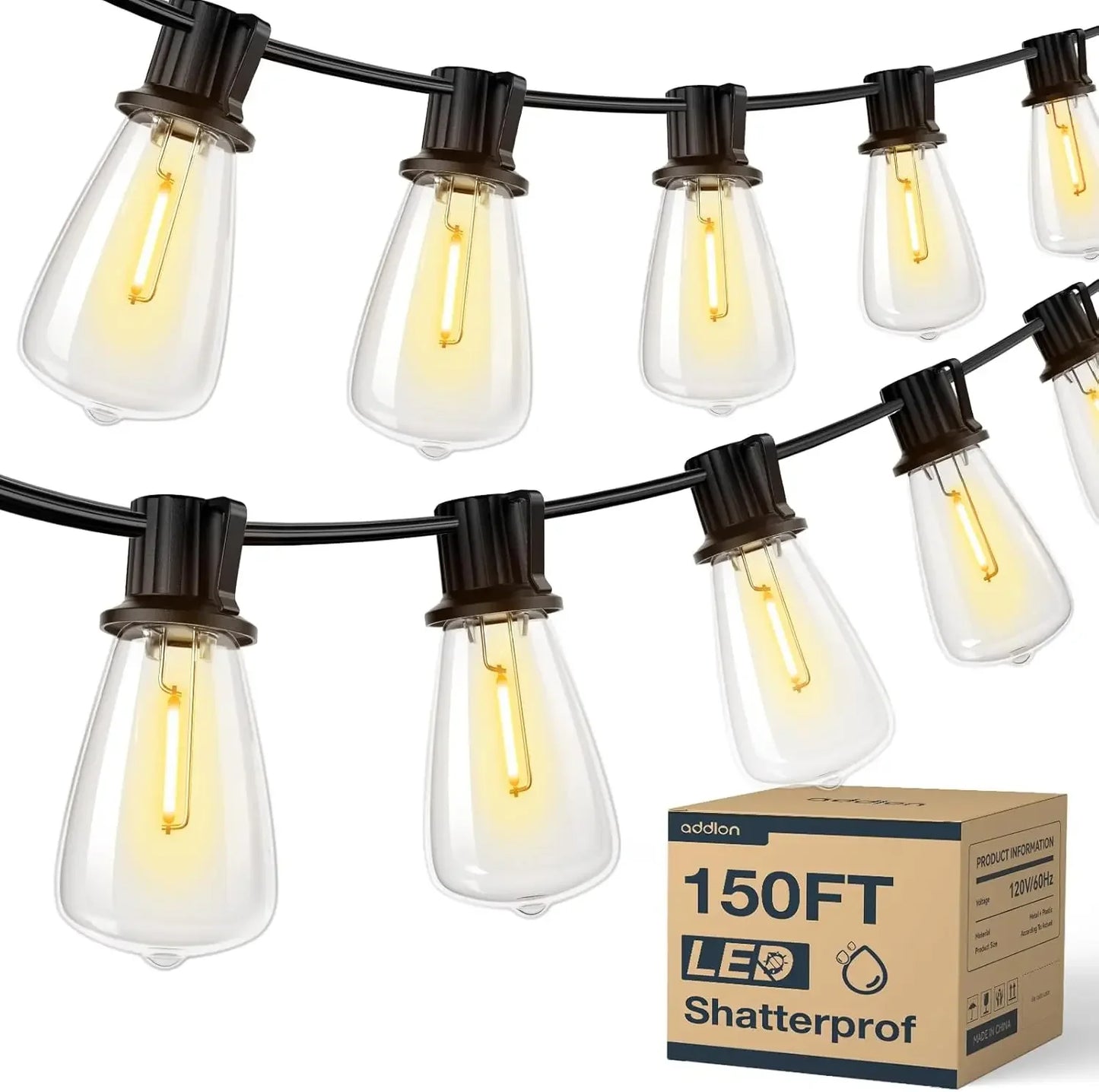 Outdoor String Lights Waterproof Patio Lights Shatterproof ST38 Replaceable Bulbs Dimmable Outside Hanging Lights