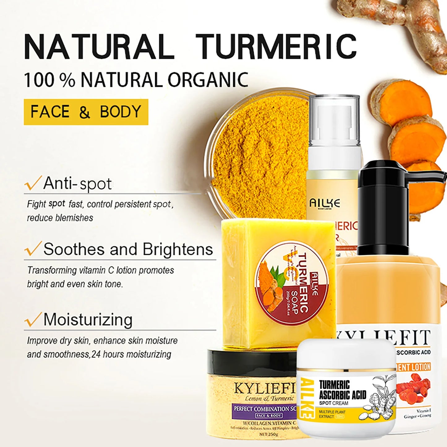 Organic Turmeric Skin Care Set, Reduce Acne, Brighten, Cleaning Skin, Exfoliation, UnEven Skin Tone, Improve Rough Skin