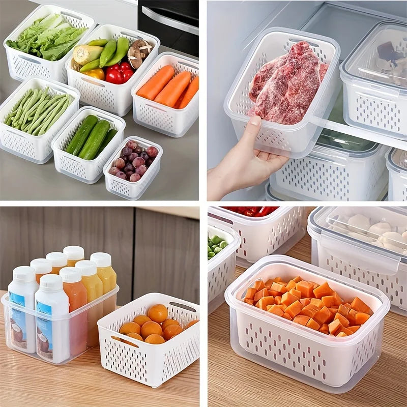 3-Pack BPA-Free Plastic Food Storage Containers with Lids and Strainers, Stackable Fridge Organizer for Fresh Produce, Vegetable