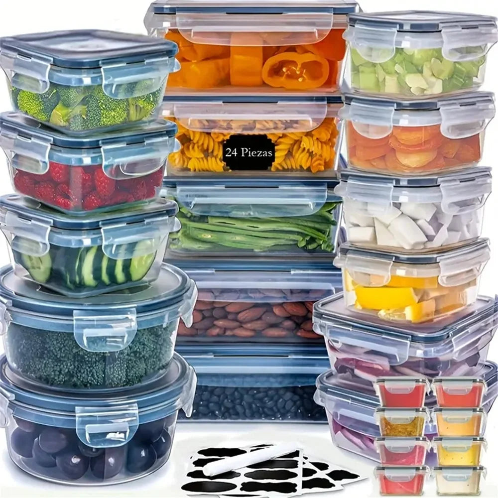 24pcs Kitchen Storage Container Set - Dishwasher Safe, Reusable Plastic Bins with Flip Lids for Fruits, Vegetables & Meats - Inc