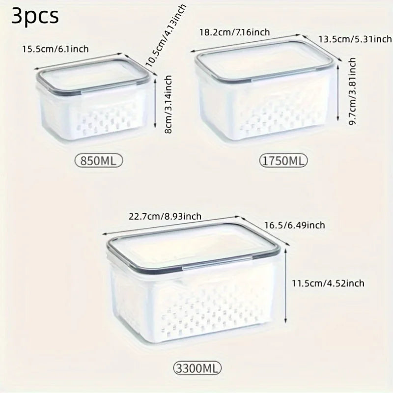 3-Pack BPA-Free Plastic Food Storage Containers with Lids and Strainers, Stackable Fridge Organizer for Fresh Produce, Vegetable